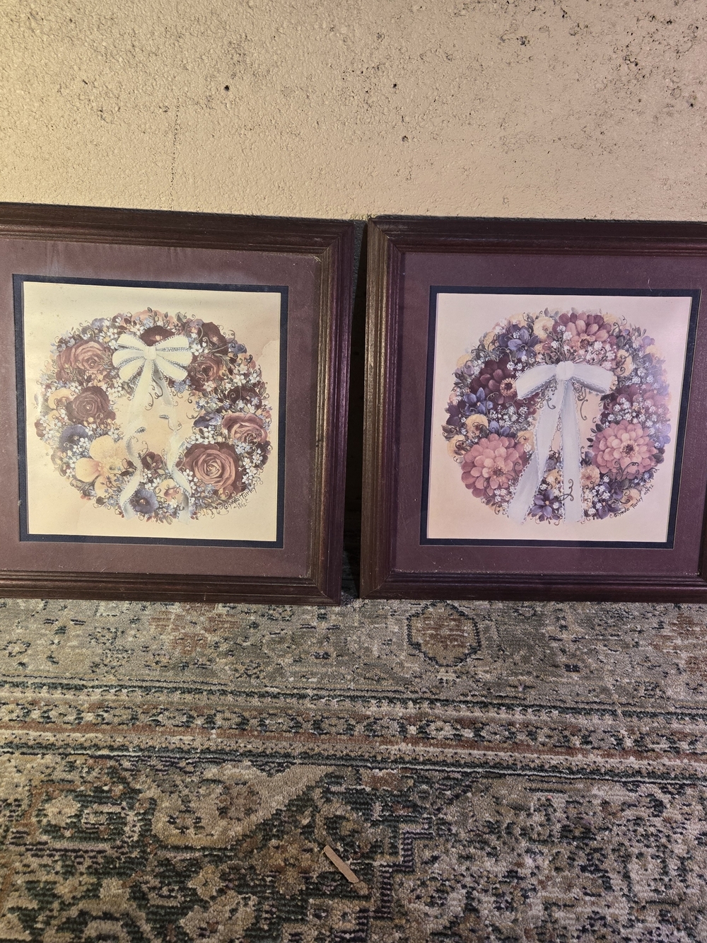 Lot Of 2 Small Prints Glynda Turley 1992 Floral Vintage "Garden Wreath" 12×12